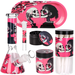 Pulsar Design Series Beaker Water Pipe Smoker's Kit | Sakura Skulls | 7.75"